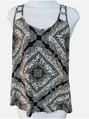LUQ Boho Black & White Bandana Paisley Tank Strappy Back Med